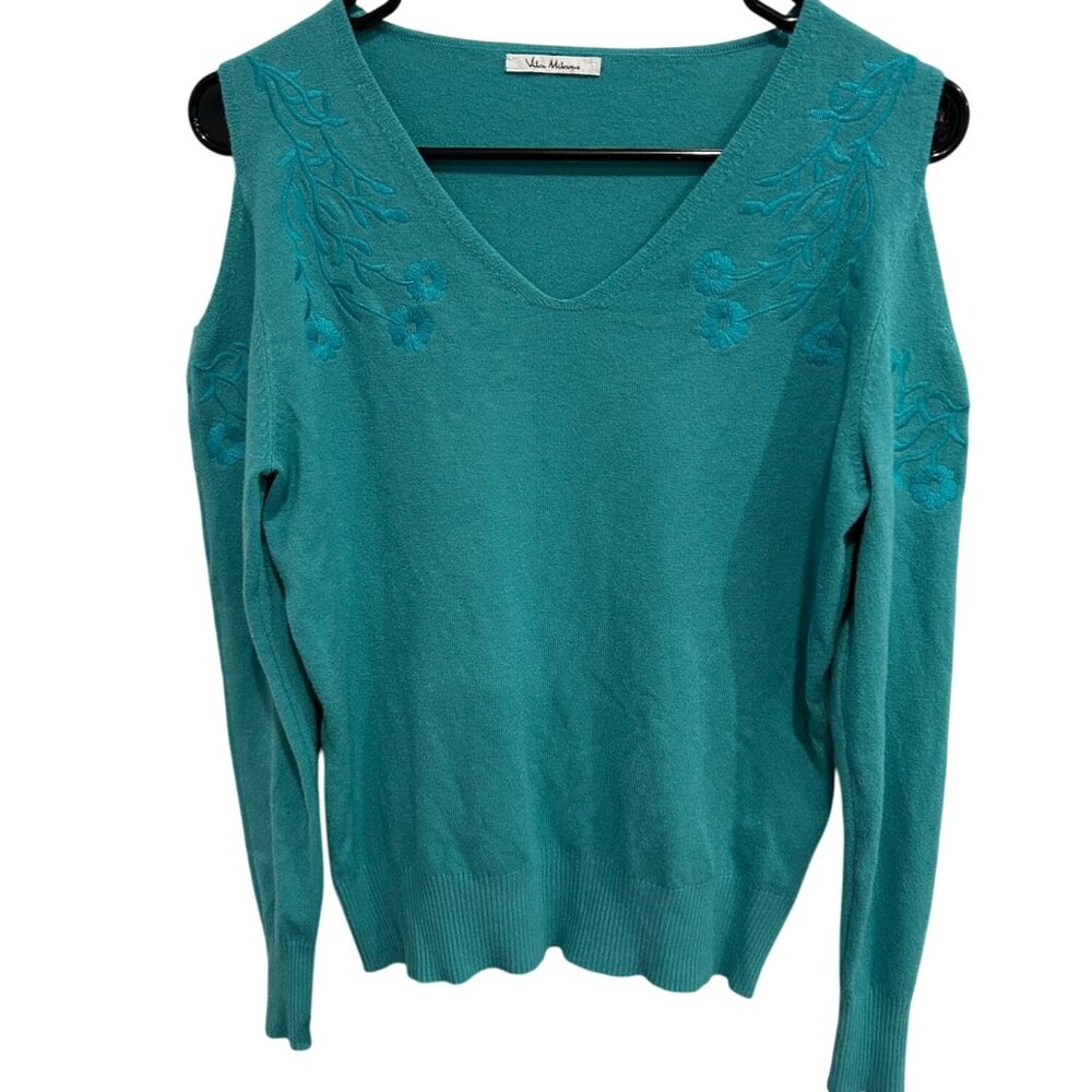 Vila Milano Teal Cold Shoulder Soft Knit Sweater Embroidered Size Small Cozy